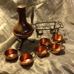 Unique vintage copper tea pot set with 6 cups